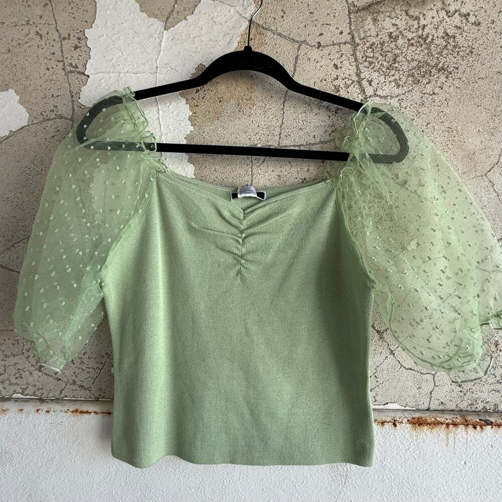 NWT Green Puff Sleeve Mesh Top Romantic Cottagecore Ruched Square‎ Neck Size XL